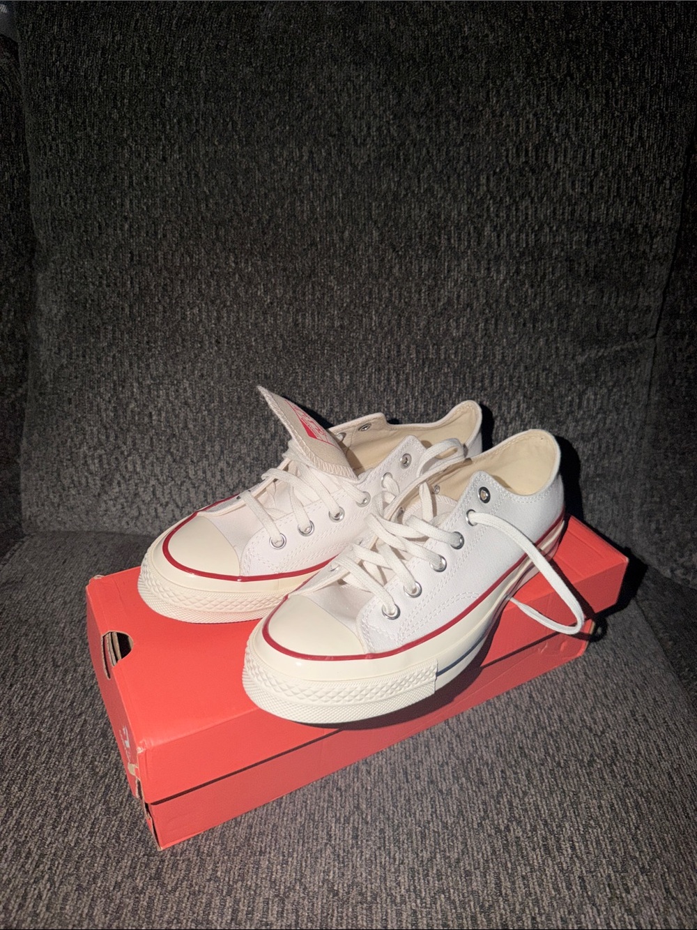Converse Kids White Canvas Low Top Sneakers with Red Stripe